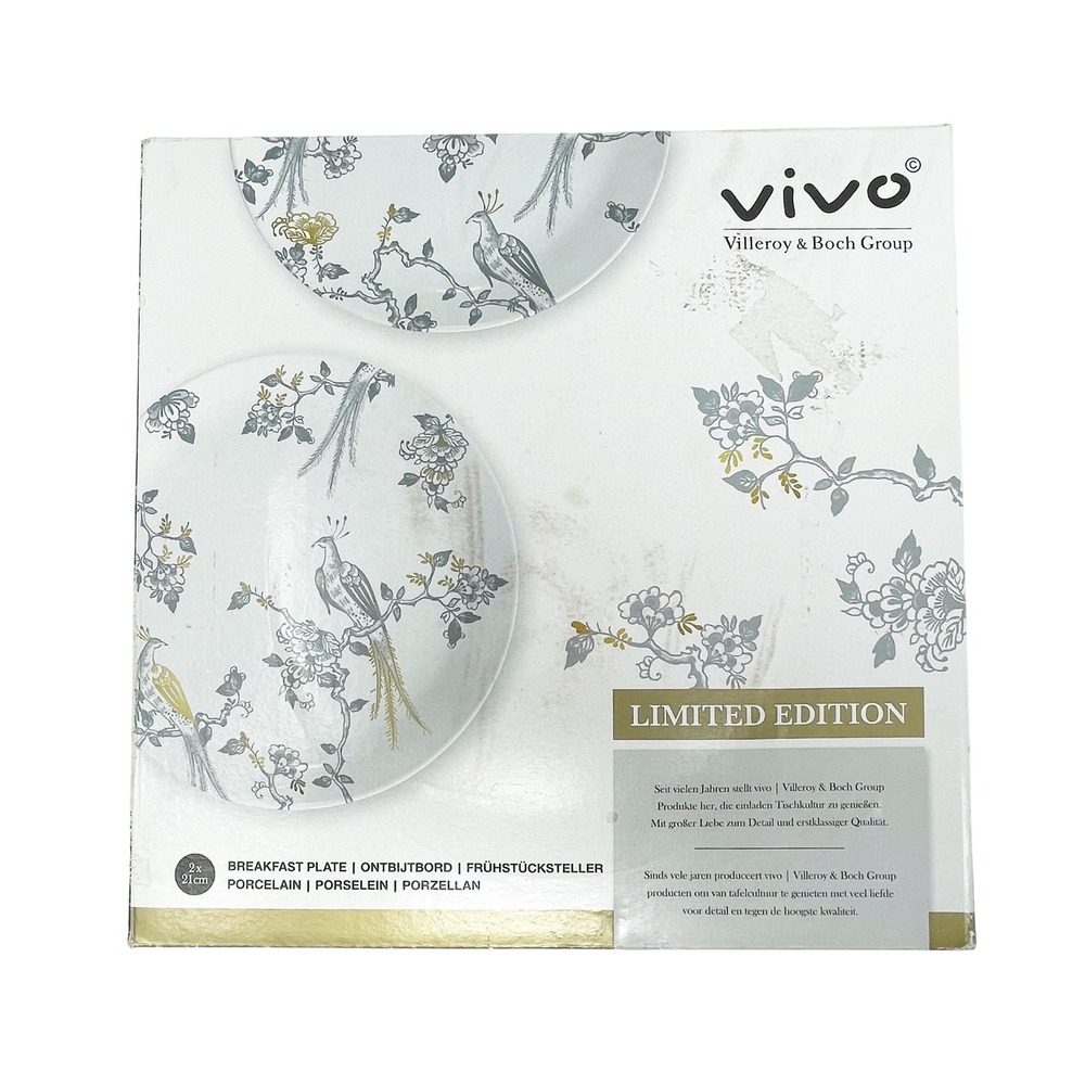Vivo Villeroy & Boch Breakfast Plate 2pc Set 21cm White Gold Peacock Decorative